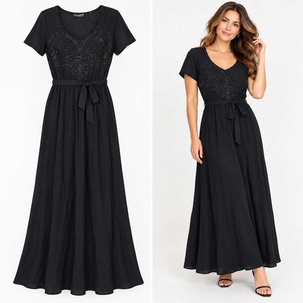 Vintage 90s Nostalgia Black Beaded Maxi Dress Medium Rayon Whimsigoth Fairy